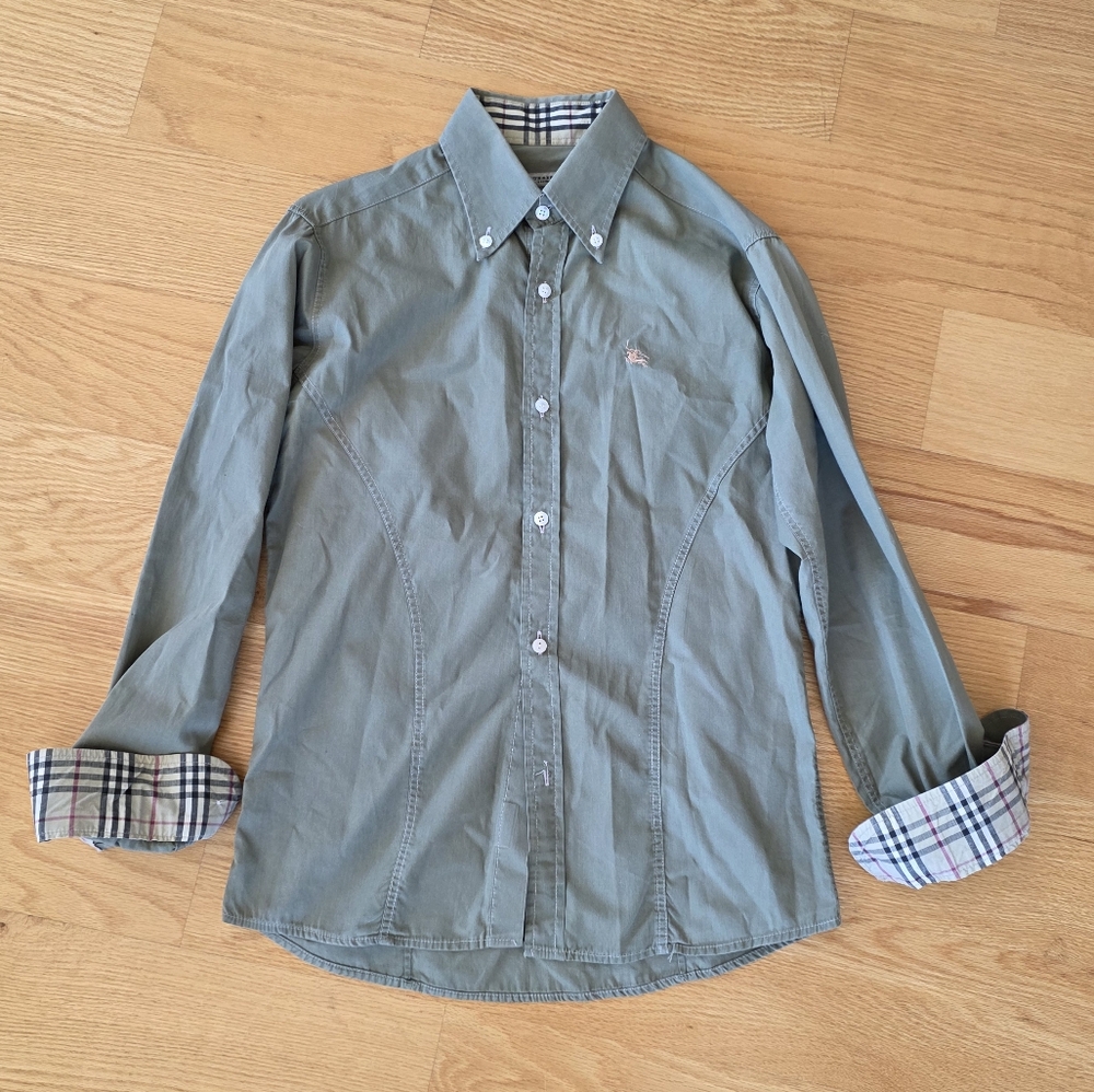 Burberry Army Green Button Down Shirt with Nova Check Trim - Picture 3 of 16